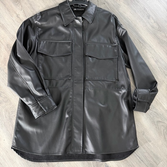 Zara Black Faux Leather Shirt Jacket - Picture 3 of 5